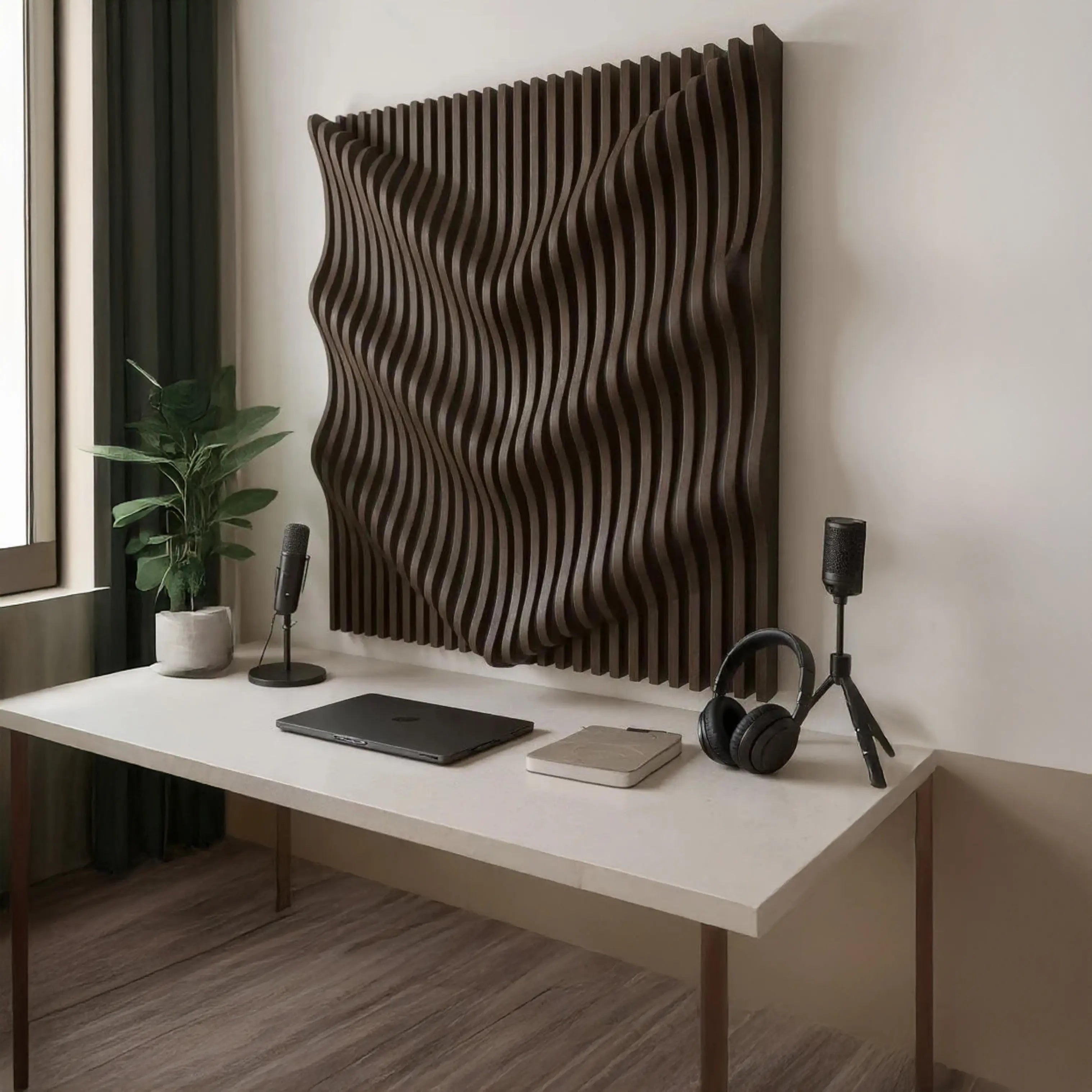 Modern home office with a desk, plants, and decorative wall art.